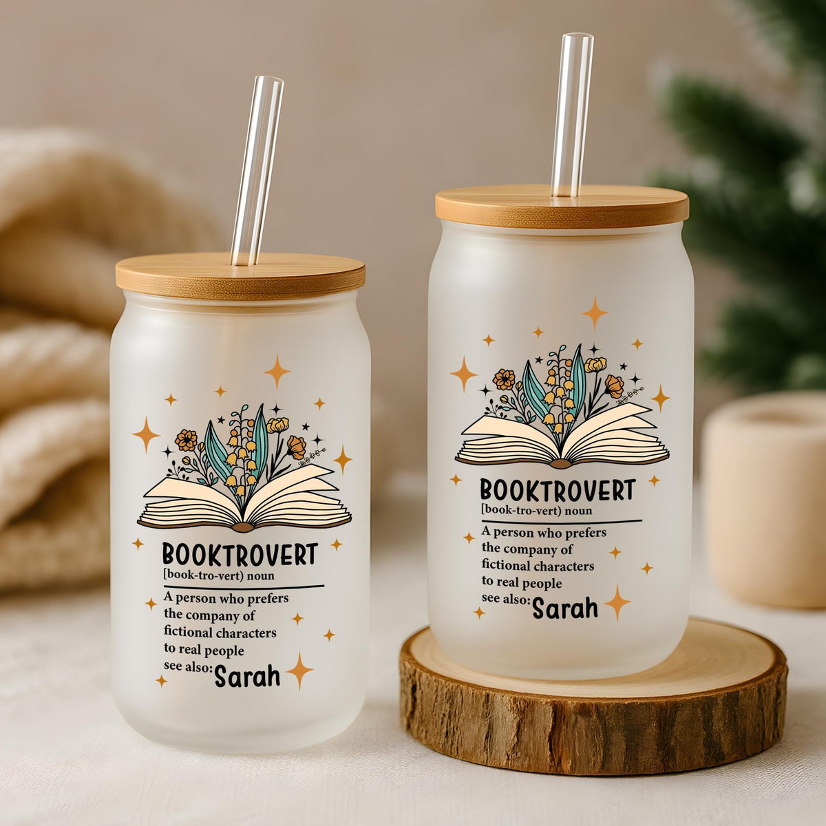 Custom Name Floral Booktrovert Iced Coffee Cup, Personalized Reading Glassware for Her