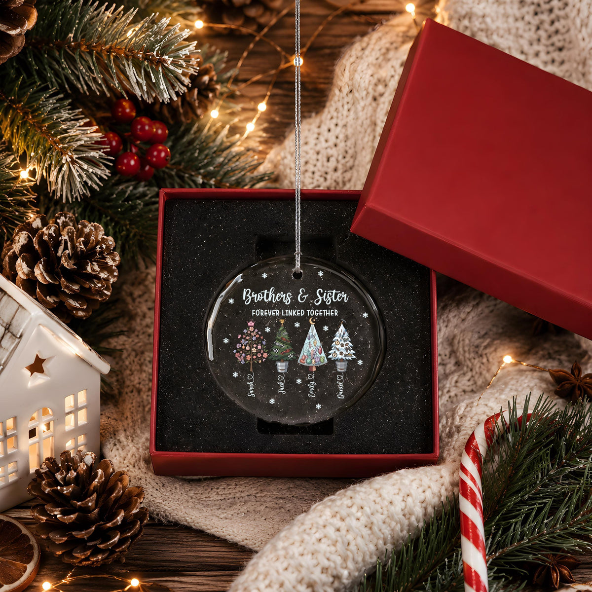 Personalized Brothers & Sister Crystal Glass Ornament, Custom Christmas Tree Names