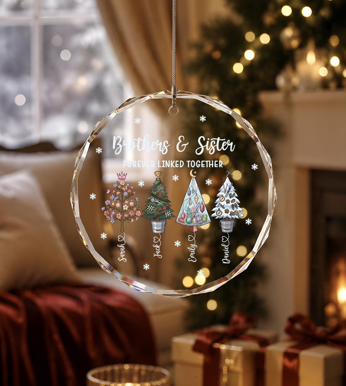 Personalized Brothers & Sister Crystal Glass Ornament, Custom Christmas Tree Names