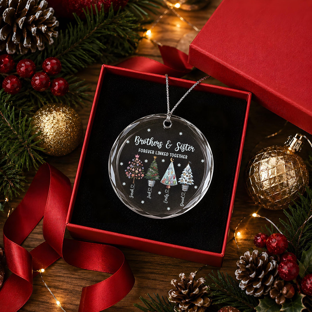 Personalized Brothers & Sister Crystal Glass Ornament, Custom Christmas Tree Names