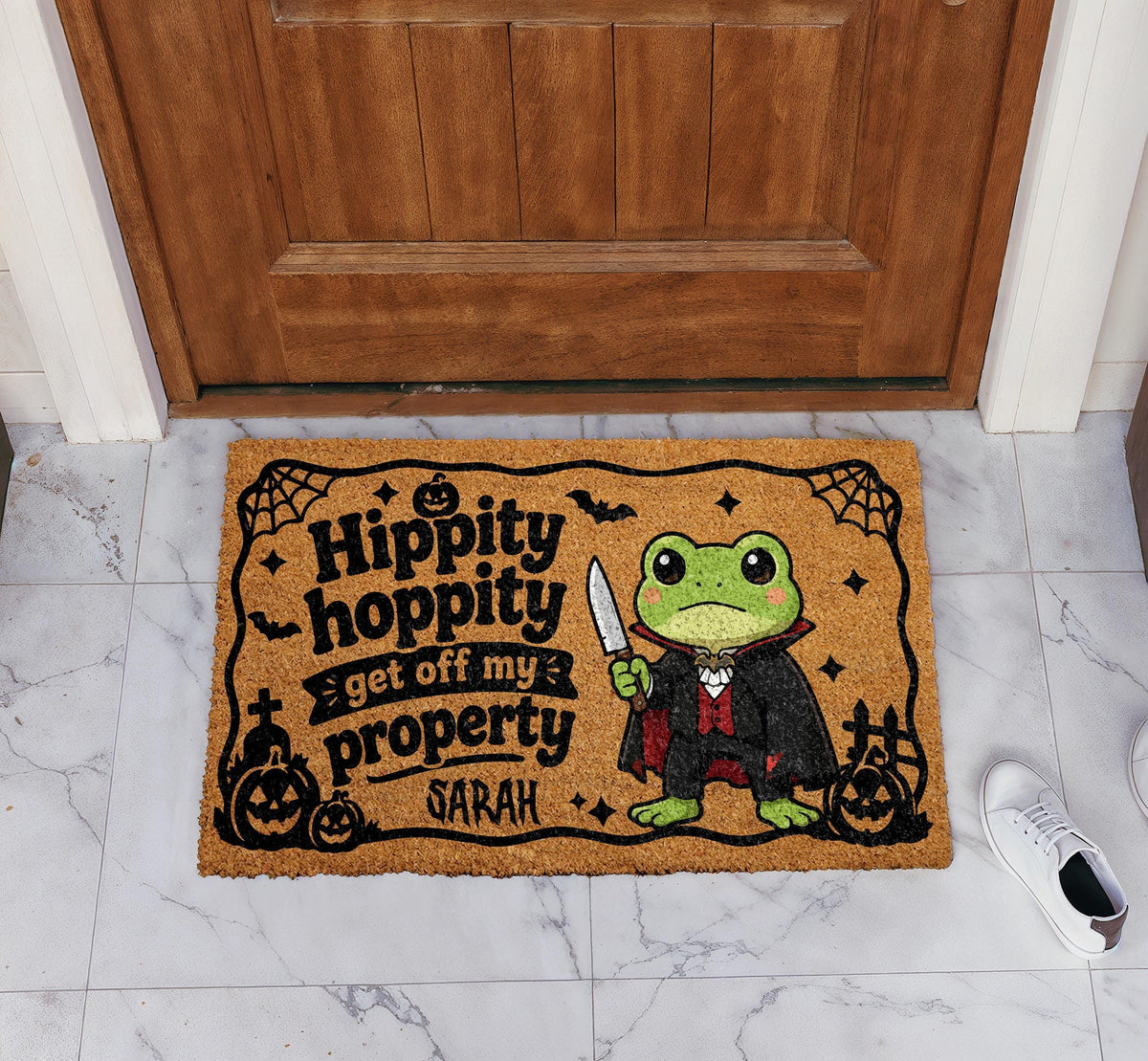 Personalized Hippity Hoppity Get Off My Property Doormat, Witch Frog Halloween Welcome Mat