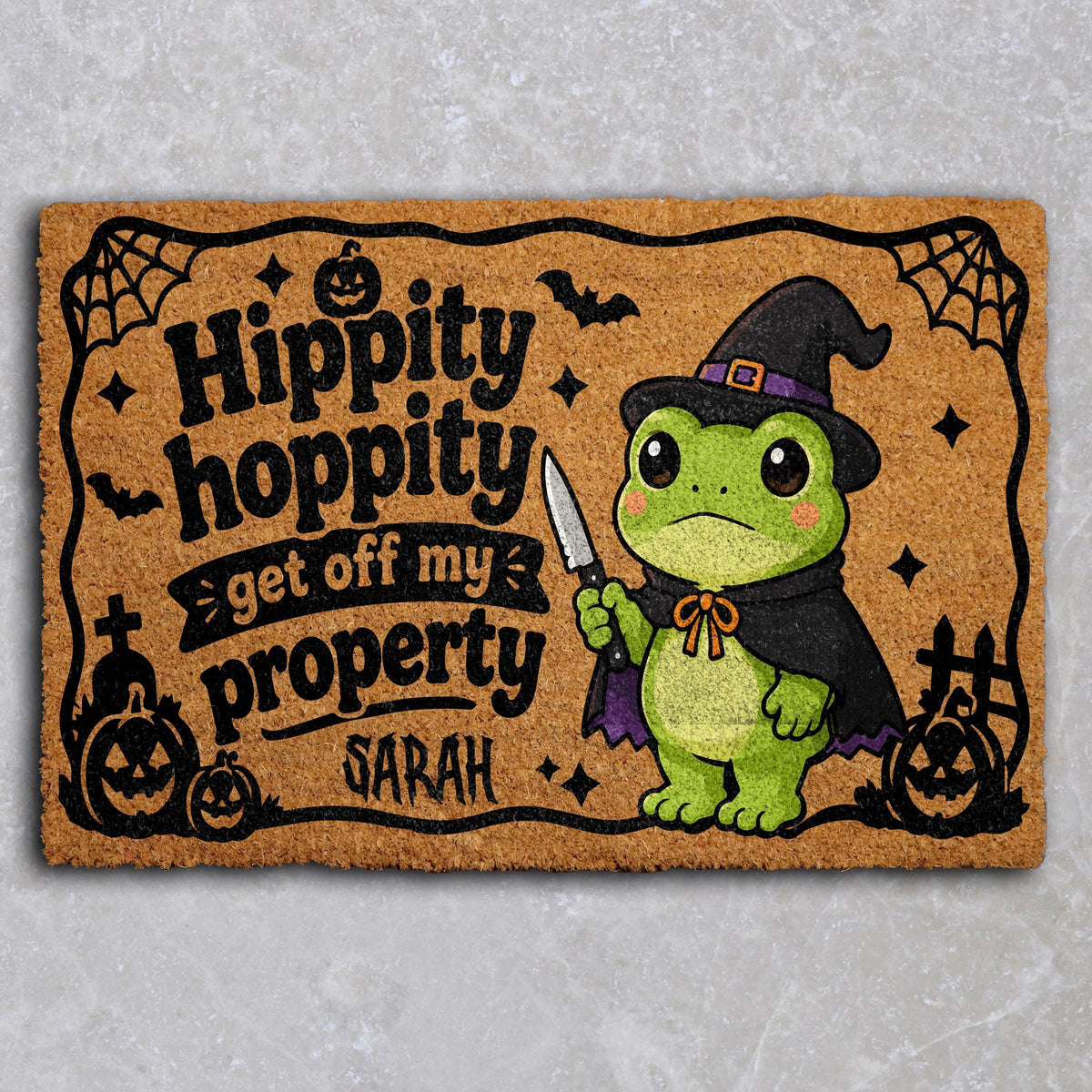 Personalized Hippity Hoppity Get Off My Property Doormat, Witch Frog Halloween Welcome Mat