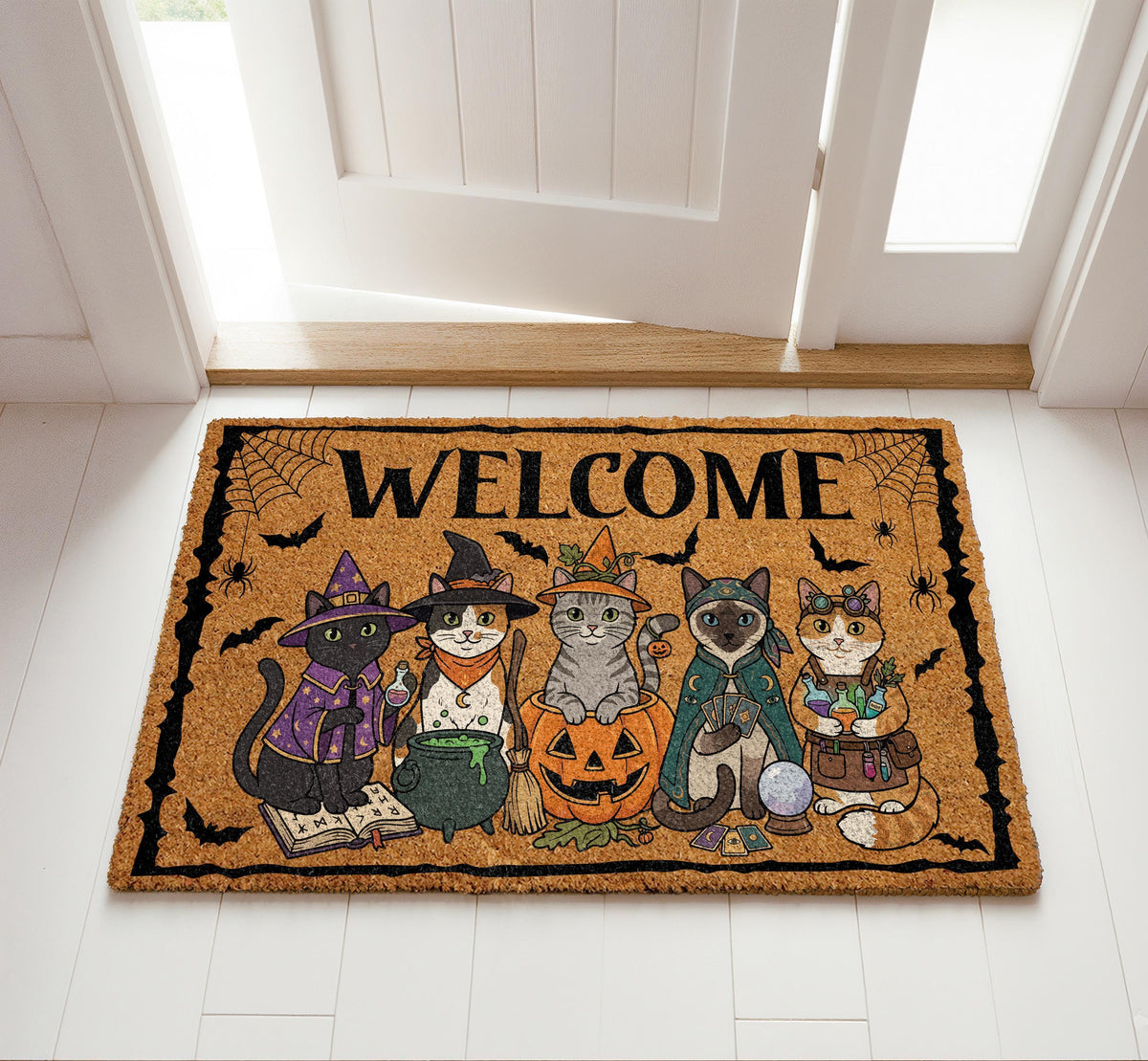 Cute Witch Cats Halloween Welcome Mat, Trick or Treat Doormat