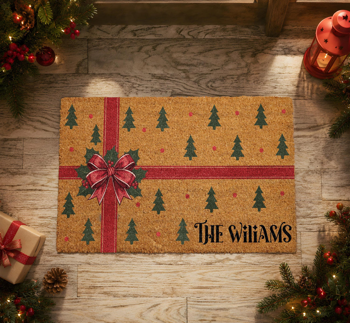 Custom Last Name Cute Holiday Welcome Mat, Personalized Xmas Front Porch Decor