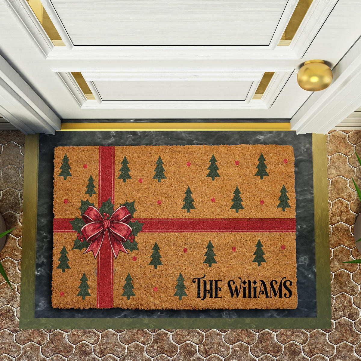 Custom Last Name Cute Holiday Welcome Mat, Personalized Xmas Front Porch Decor