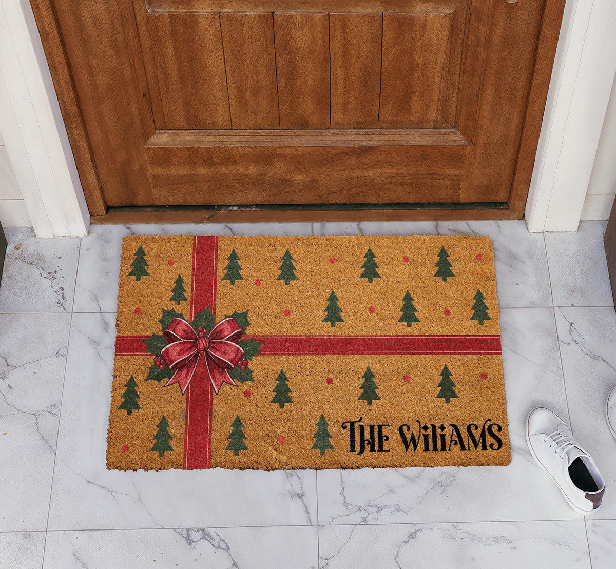 Custom Last Name Cute Holiday Welcome Mat, Personalized Xmas Front Porch Decor