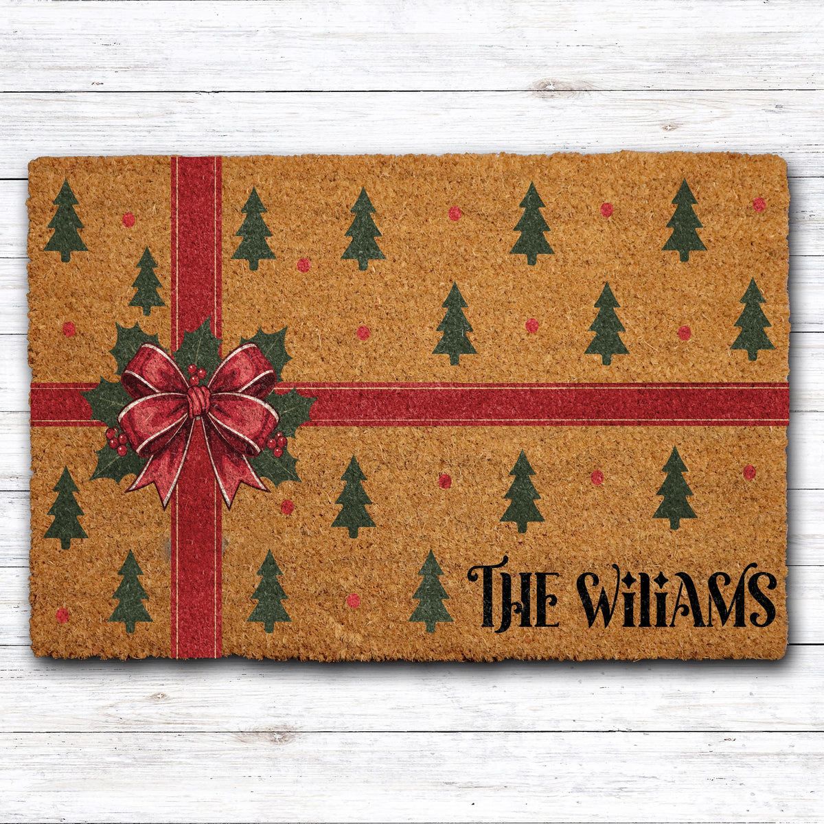 Custom Last Name Cute Holiday Welcome Mat, Personalized Xmas Front Porch Decor