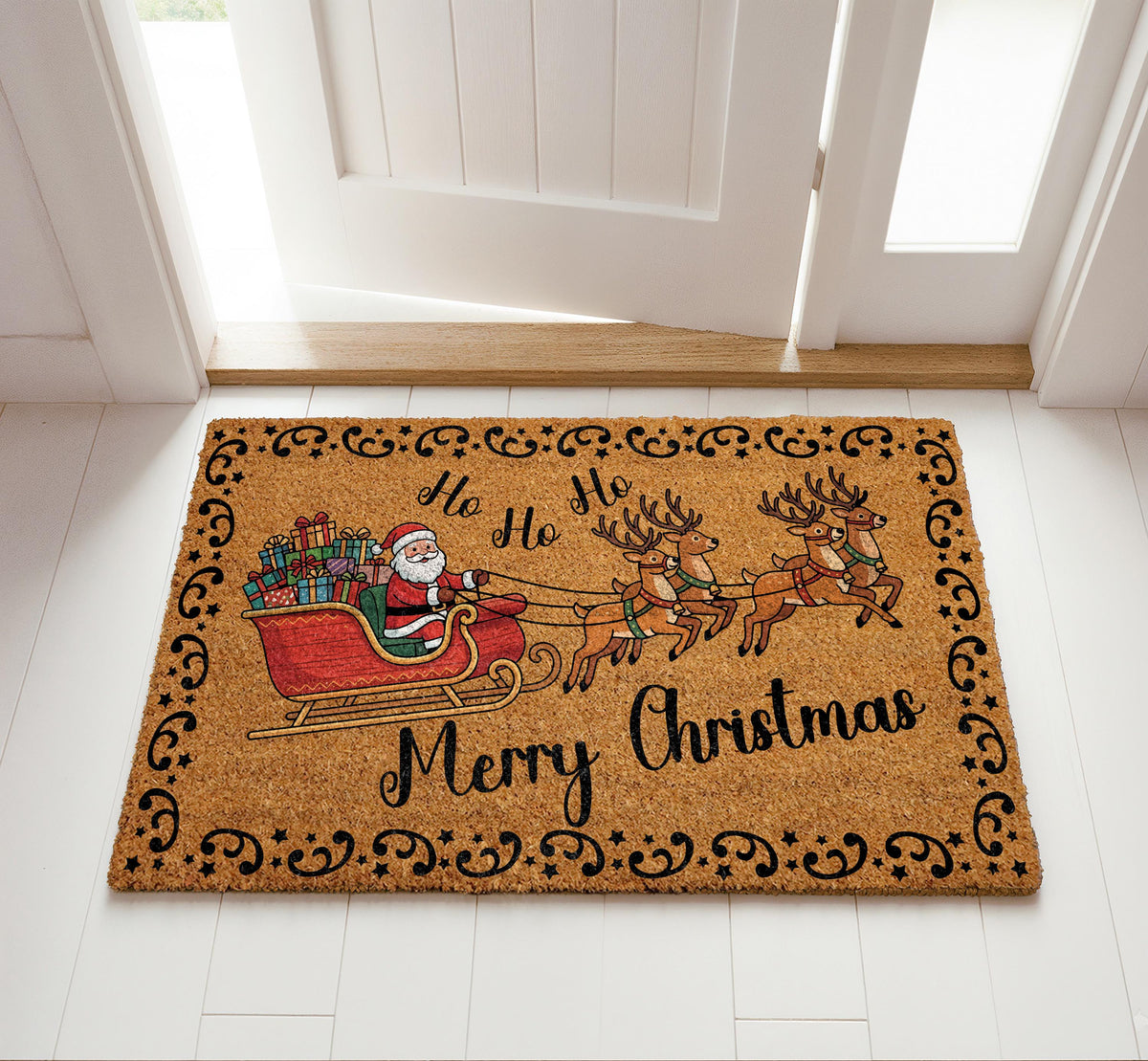 Santa Claus & Reindeer Sleigh Doormat, Merry Christmas Welcome Mat