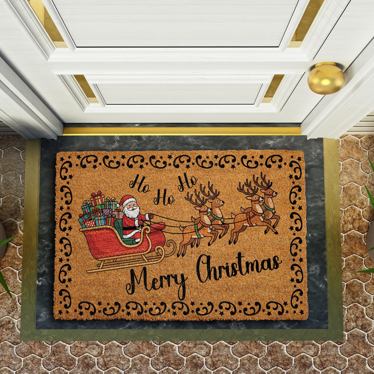 Santa Claus & Reindeer Sleigh Doormat, Merry Christmas Welcome Mat