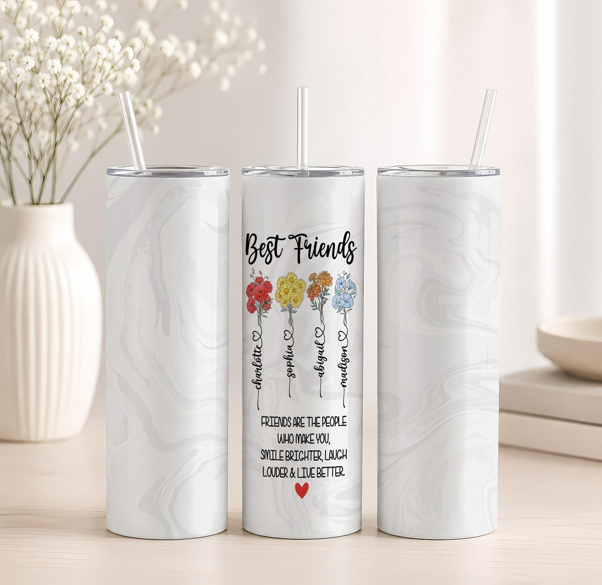 Personalized Friendship Month Flower BFFs Matching Tumbler with Straw (20oz)