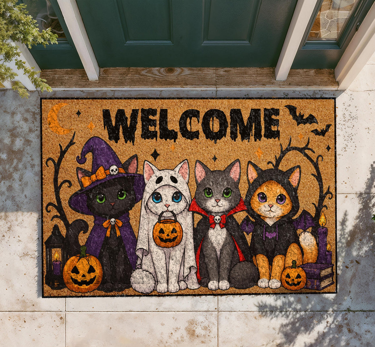 Funny Halloween Cat Doormat, Witch Ghost Cat Welcome Mat, Spooky Season Porch Decor