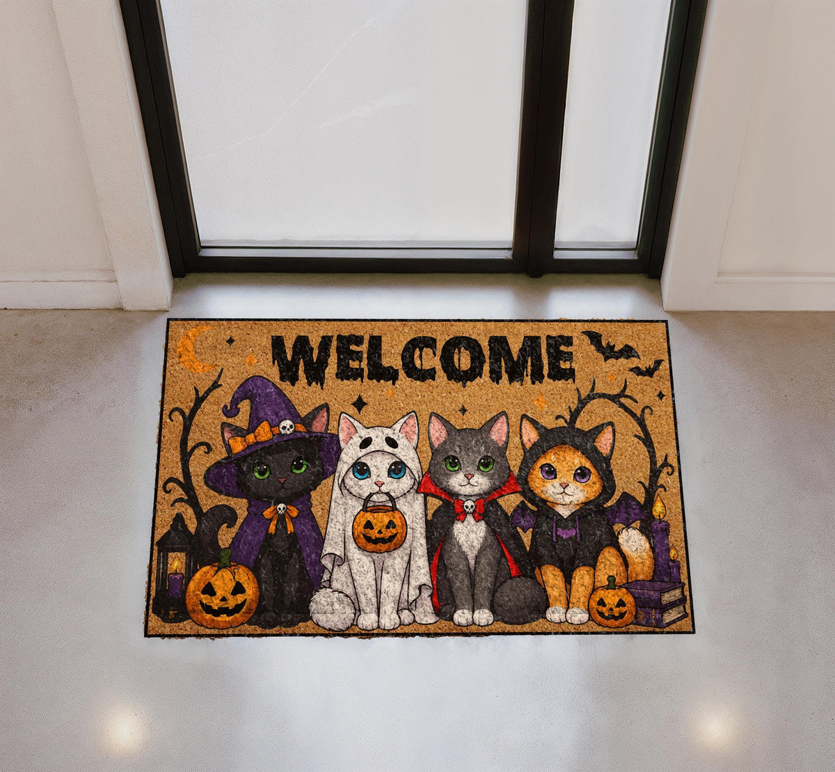 Funny Halloween Cat Doormat, Witch Ghost Cat Welcome Mat, Spooky Season Porch Decor