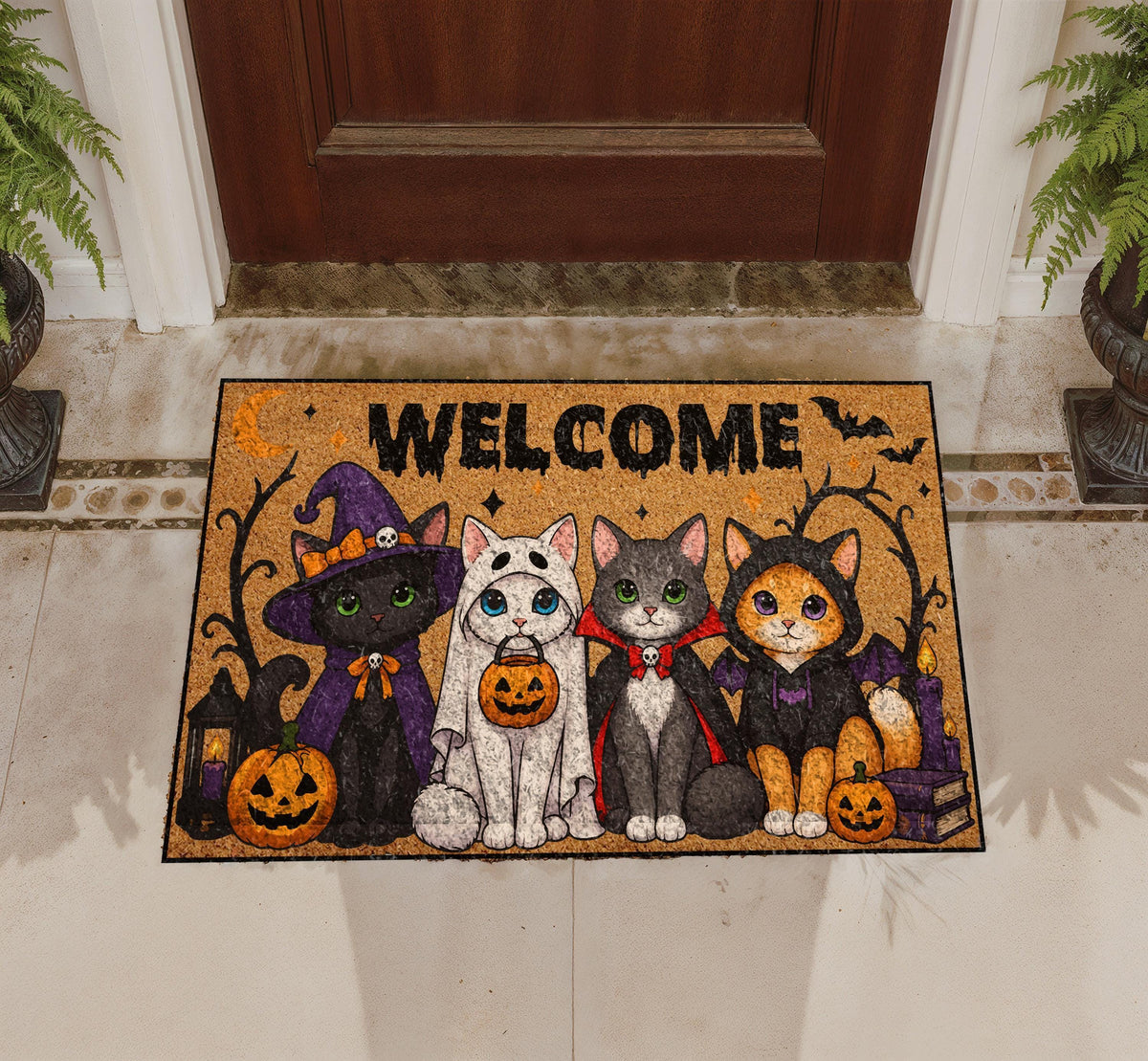 Funny Halloween Cat Doormat, Witch Ghost Cat Welcome Mat, Spooky Season Porch Decor