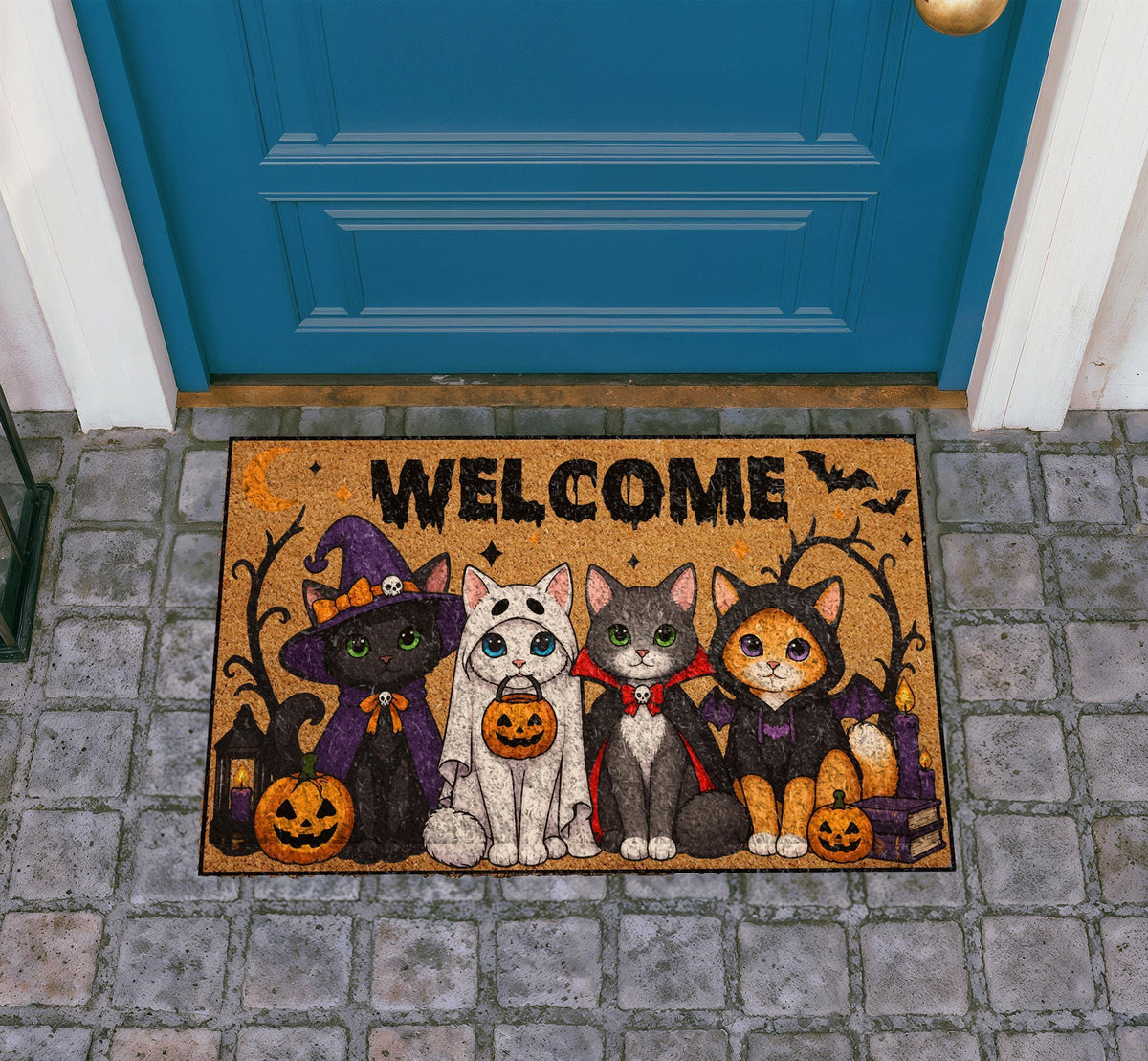 Funny Halloween Cat Doormat, Witch Ghost Cat Welcome Mat, Spooky Season Porch Decor