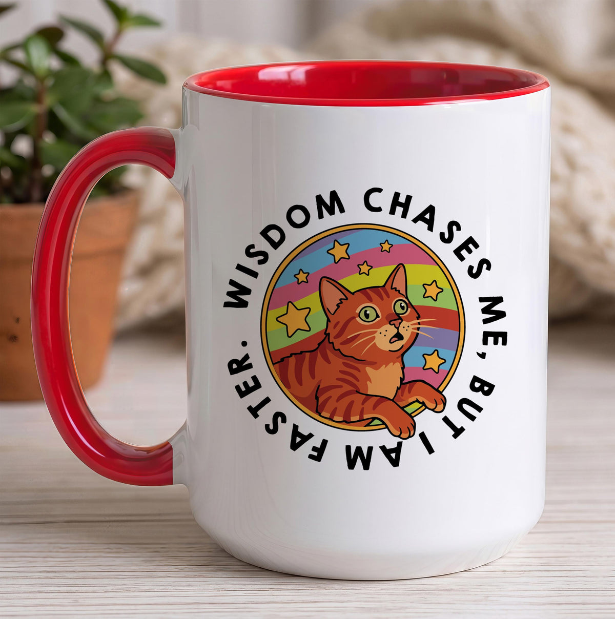 Funny Orange Tabby Cat Coffee Mug, Wisdom Chases Me Quote, Ceramic Drinkware