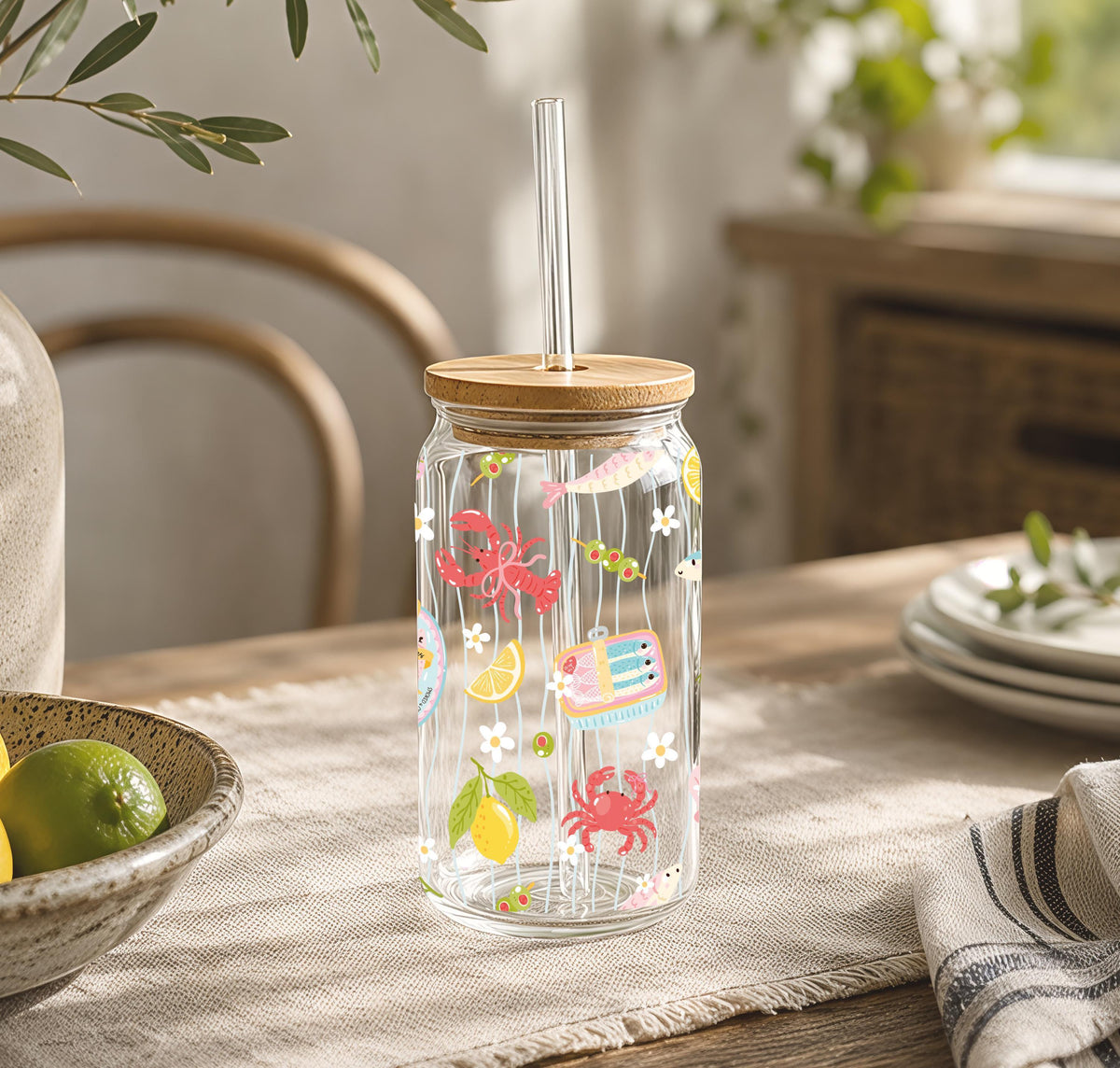 Sardine Tinned Fish Glass Tumbler, Coastal Iced Coffee Cup, Bamboo Lid Straw (16 oz)