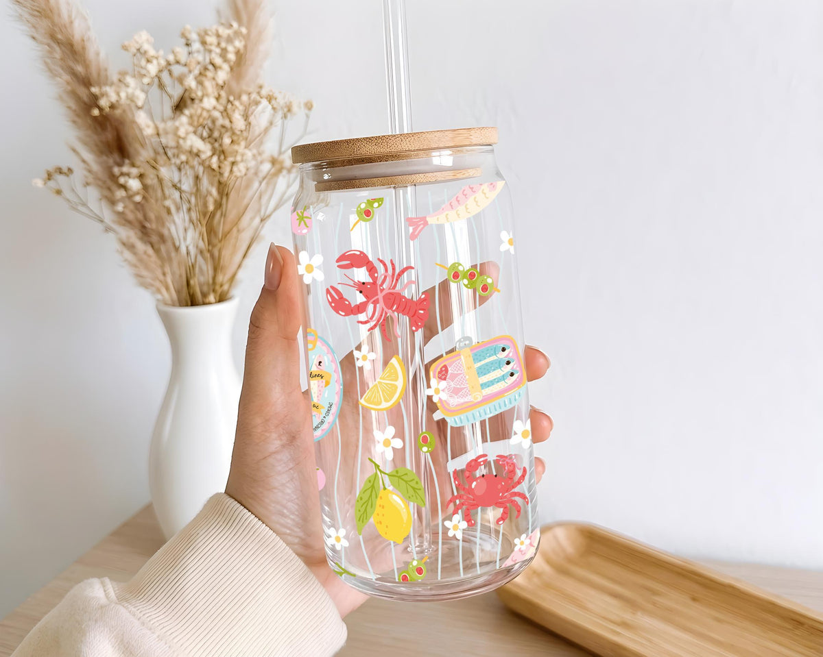 Sardine Tinned Fish Glass Tumbler, Coastal Iced Coffee Cup, Bamboo Lid Straw (16 oz)