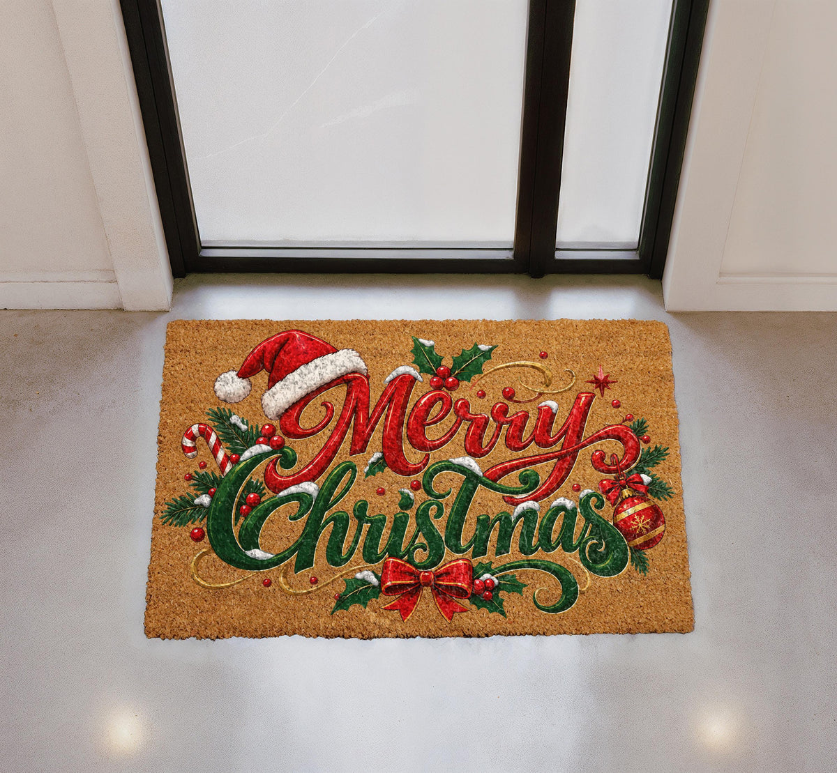 Personalized Merry Christmas Doormat, Santa Hat Welcome Mat, Coir Porch Decor