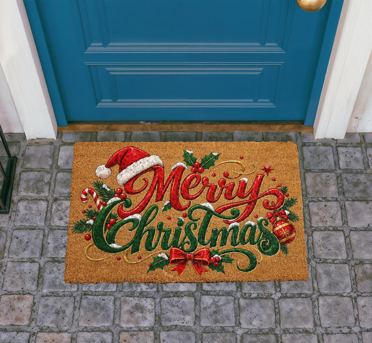 Personalized Merry Christmas Doormat, Santa Hat Welcome Mat, Coir Porch Decor