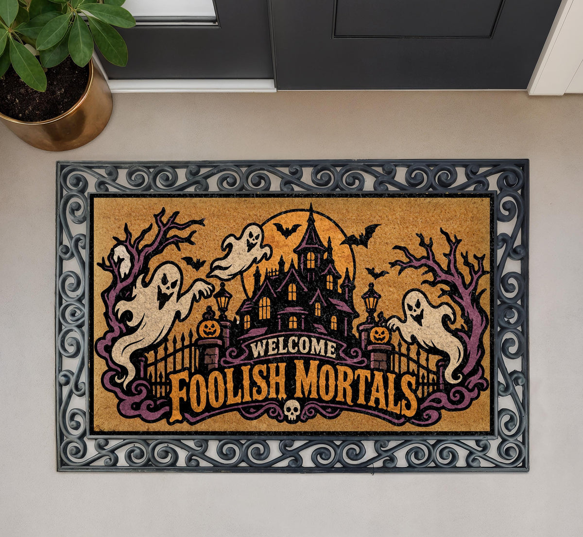 Spooky Ghost Doormat, Haunted Castle Welcome Mat, Gothic Mansion Coir Rug (Personalized)