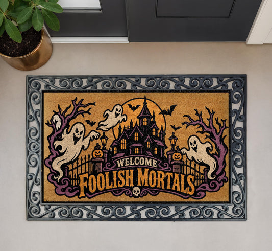 Spooky Ghost Doormat, Haunted Castle Welcome Mat, Gothic Mansion Coir Rug (Personalized)