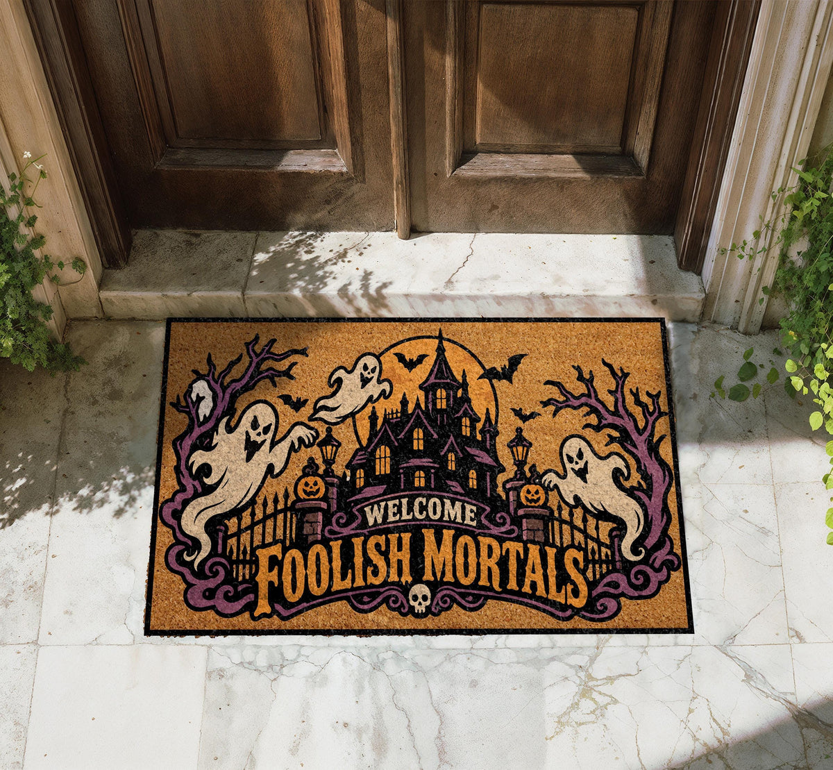 Spooky Ghost Doormat, Haunted Castle Welcome Mat, Gothic Mansion Coir Rug (Personalized)
