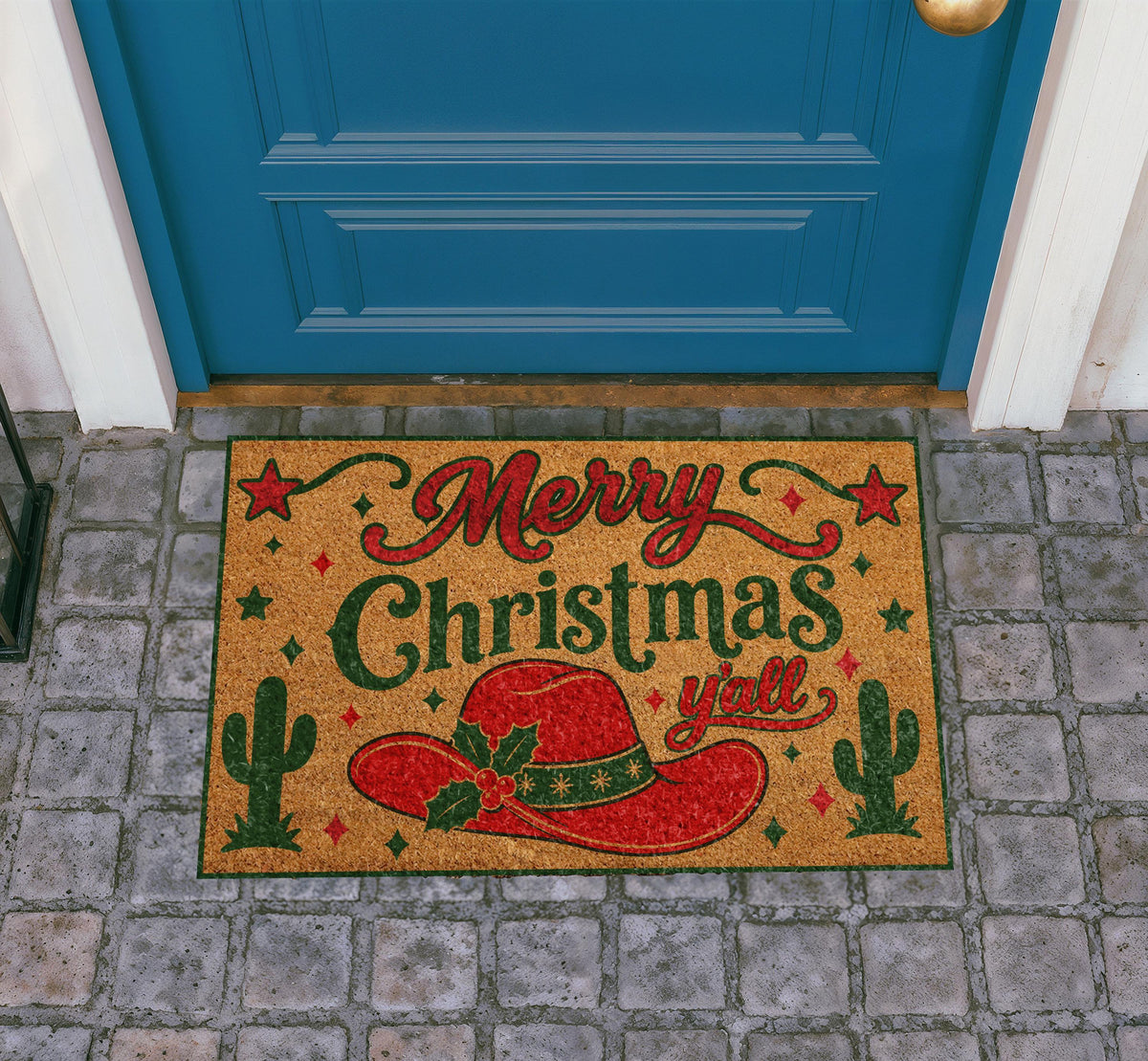 Merry Christmas Y'all Doormat, Red Cowboy Hat, Southwestern Holiday Mat (Coir)