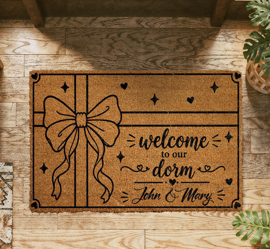 Custom Coir Doormat, Welcome to Our Dorm, Bow Design, Apartment Entrance Rug