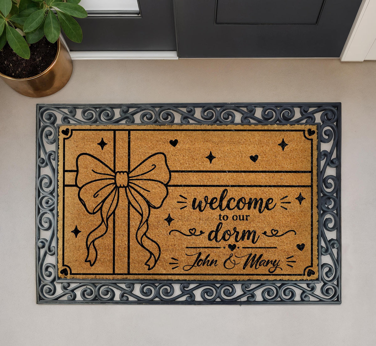 Custom Coir Doormat, Welcome to Our Dorm, Bow Design, Apartment Entrance Rug