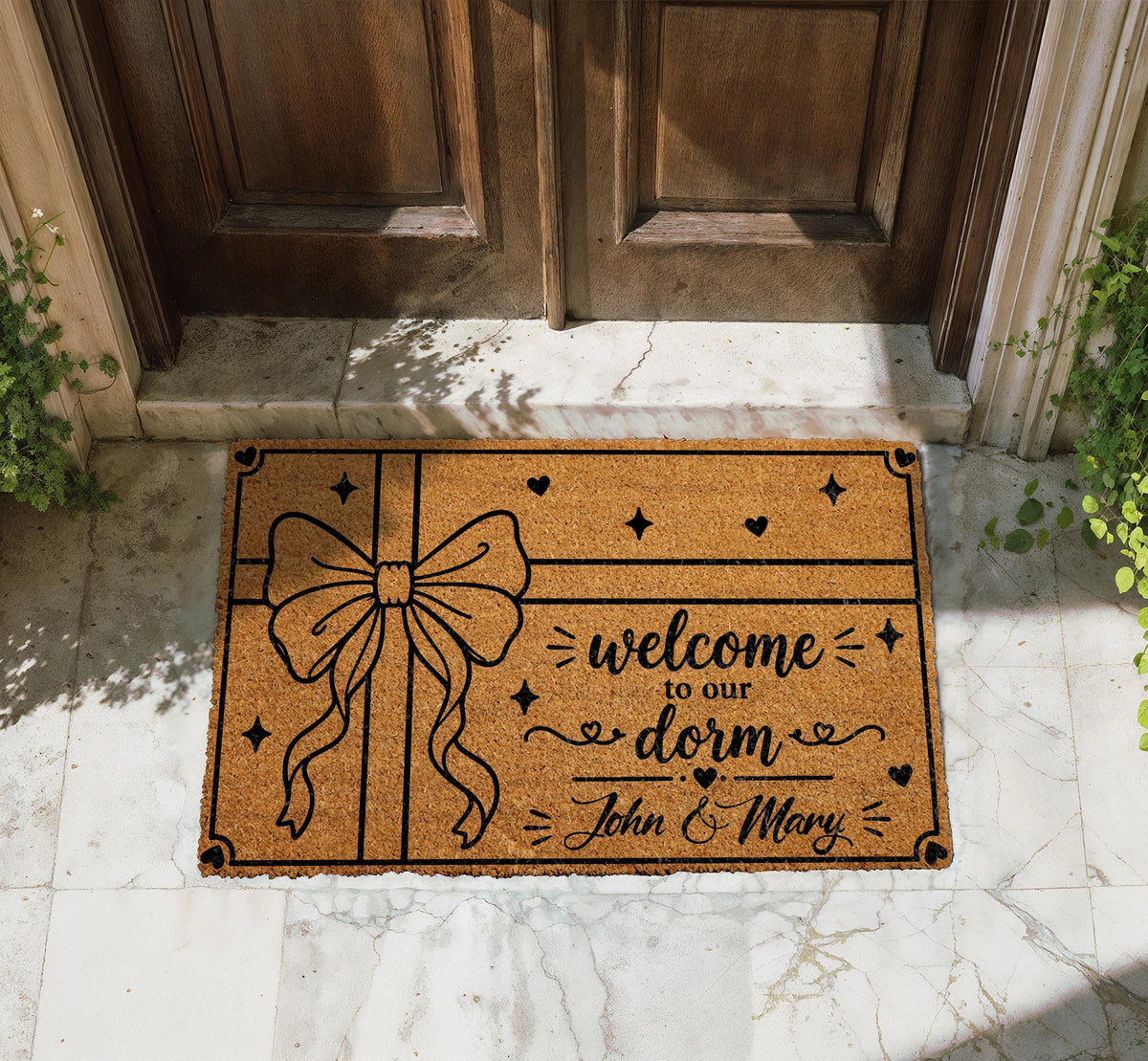 Custom Coir Doormat, Welcome to Our Dorm, Bow Design, Apartment Entrance Rug