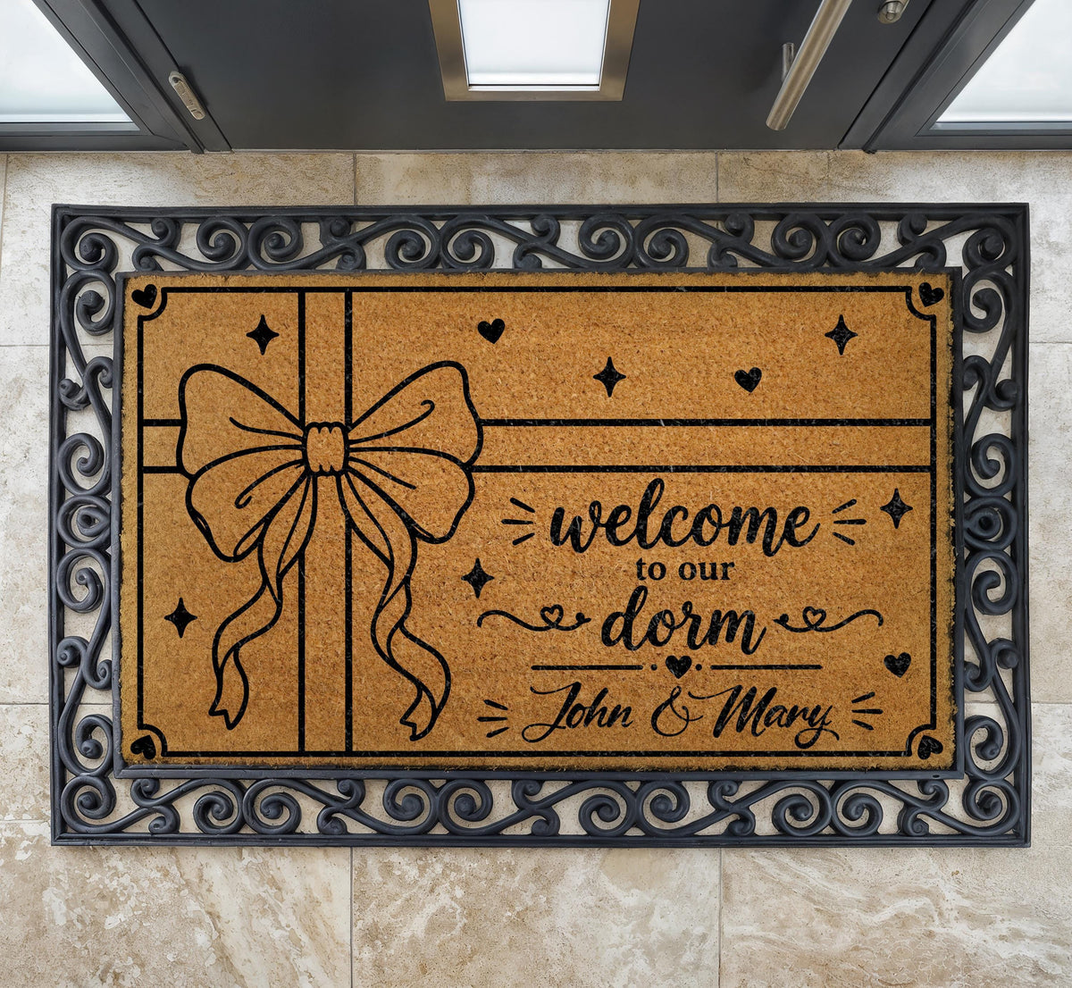 Custom Coir Doormat, Welcome to Our Dorm, Bow Design, Apartment Entrance Rug