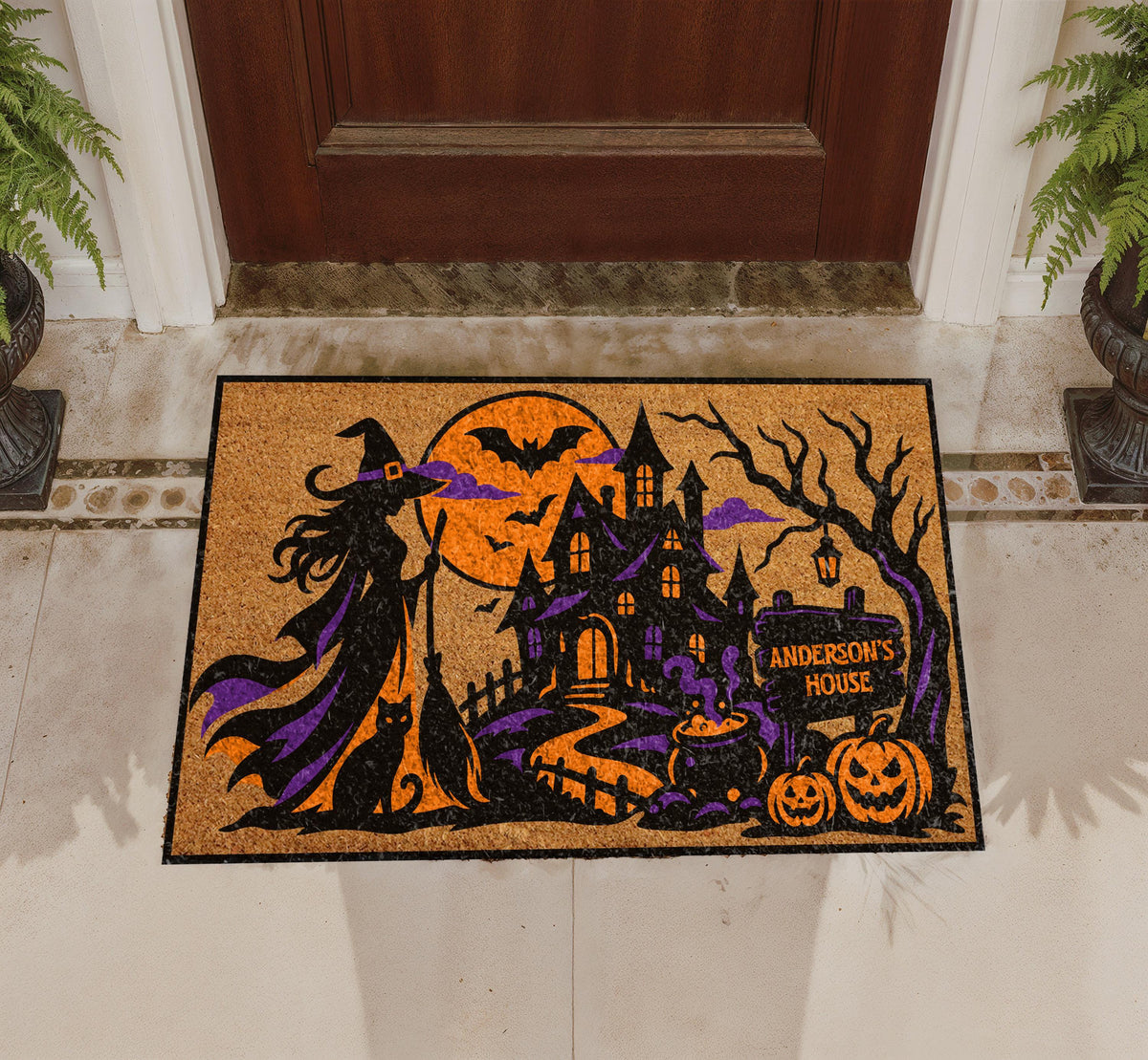 Custom Haunted House Doormat, Witch Welcome Mat, Spooky Fall Decor (Personalized)