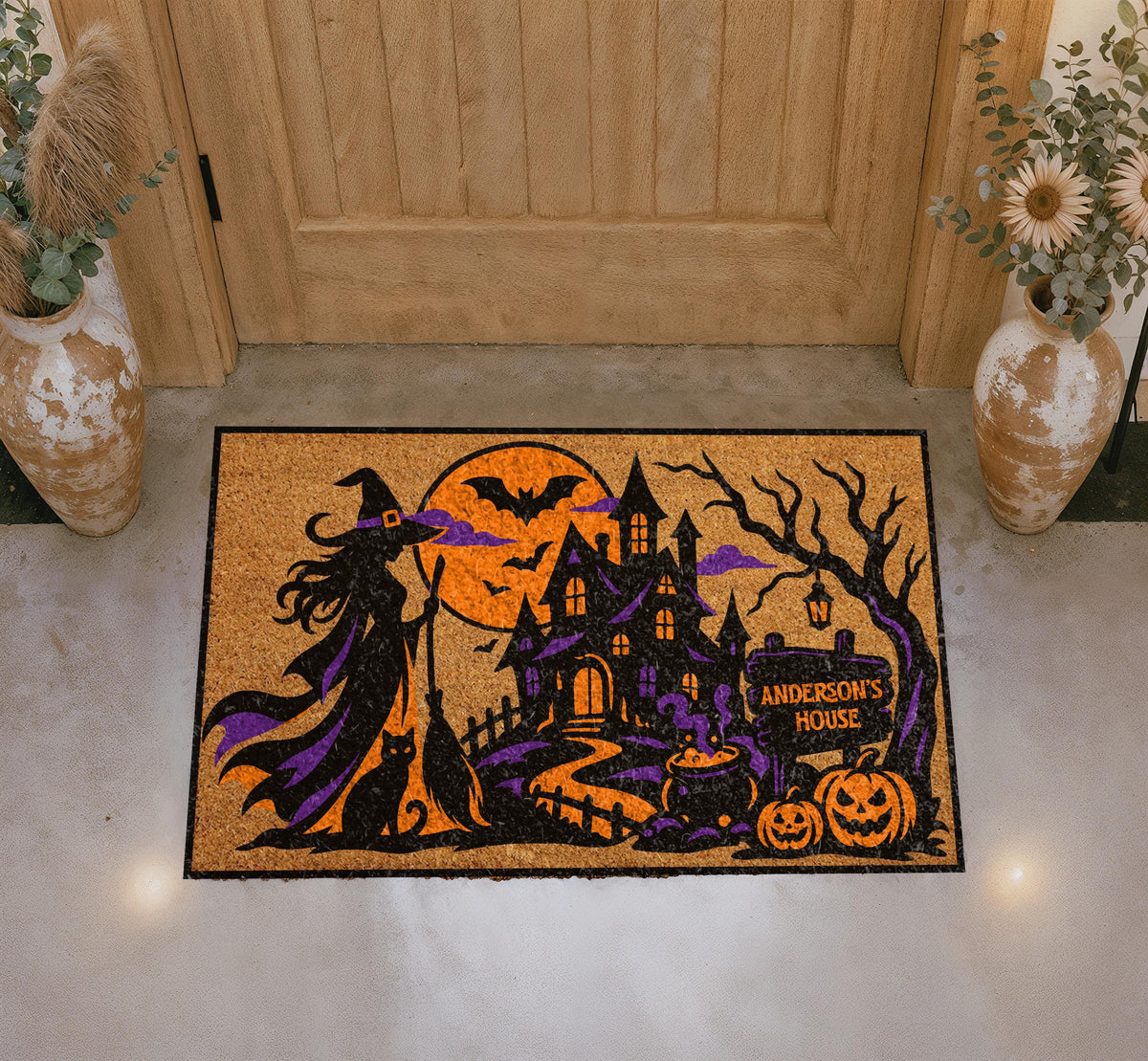 Custom Haunted House Doormat, Witch Welcome Mat, Spooky Fall Decor (Personalized)