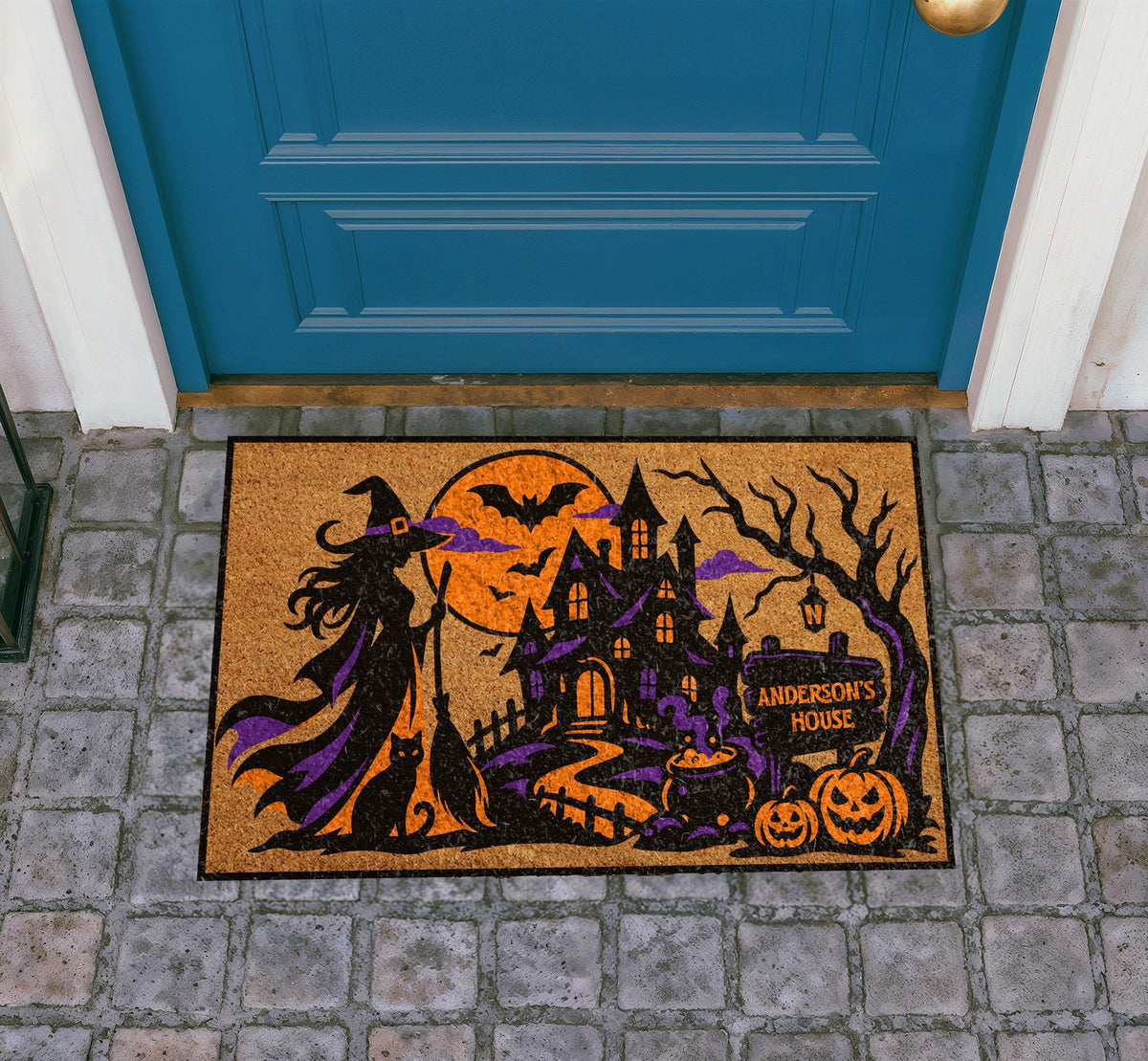 Custom Haunted House Doormat, Witch Welcome Mat, Spooky Fall Decor (Personalized)