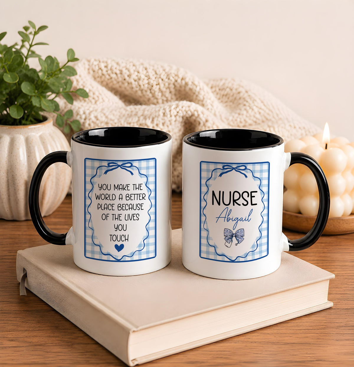 Personalized Nurse Mug, Coquette Bow Design, Custom Name Coffee Cup (11oz/15oz)