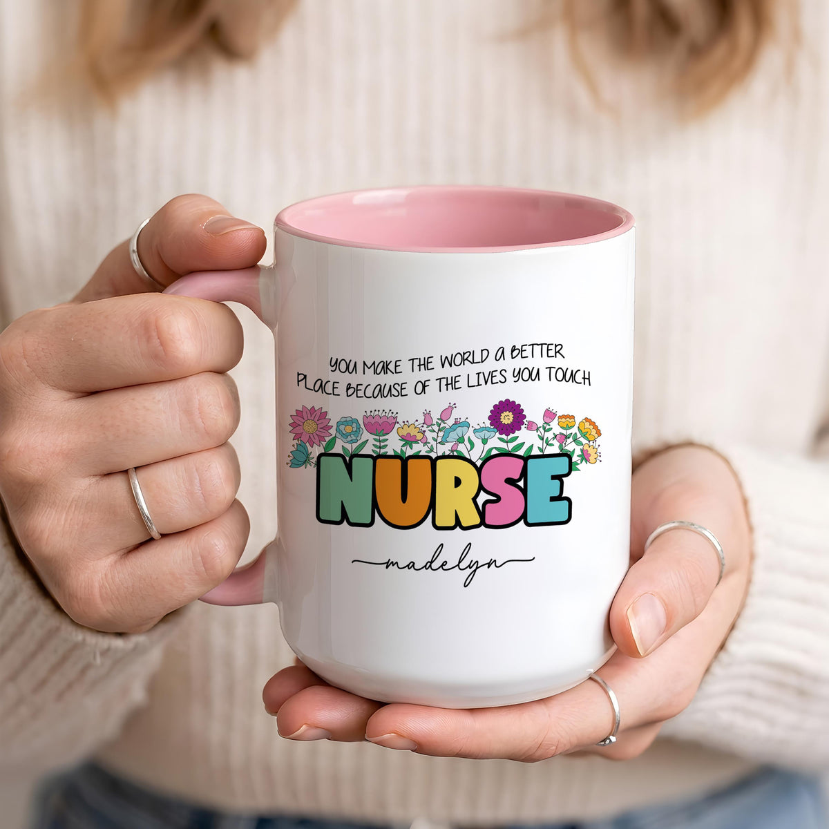 Personalized Nurse Mug, Floral Bow RN Coffee Cup, Thank You Gift