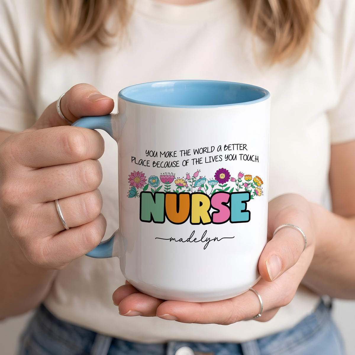Personalized Nurse Mug, Floral Bow RN Coffee Cup, Thank You Gift