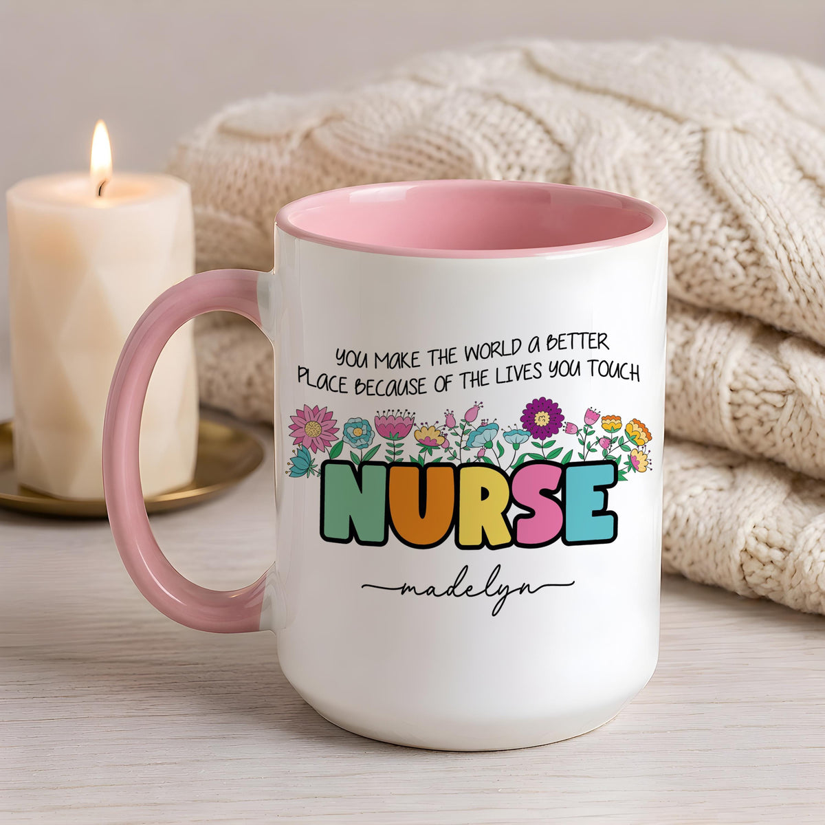 Personalized Nurse Mug, Floral Bow RN Coffee Cup, Thank You Gift