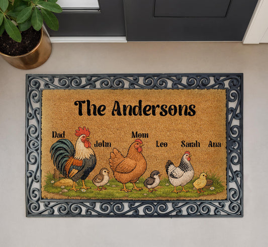 Personalized Chicken Family Doormat, Custom Farmhouse Welcome Mat