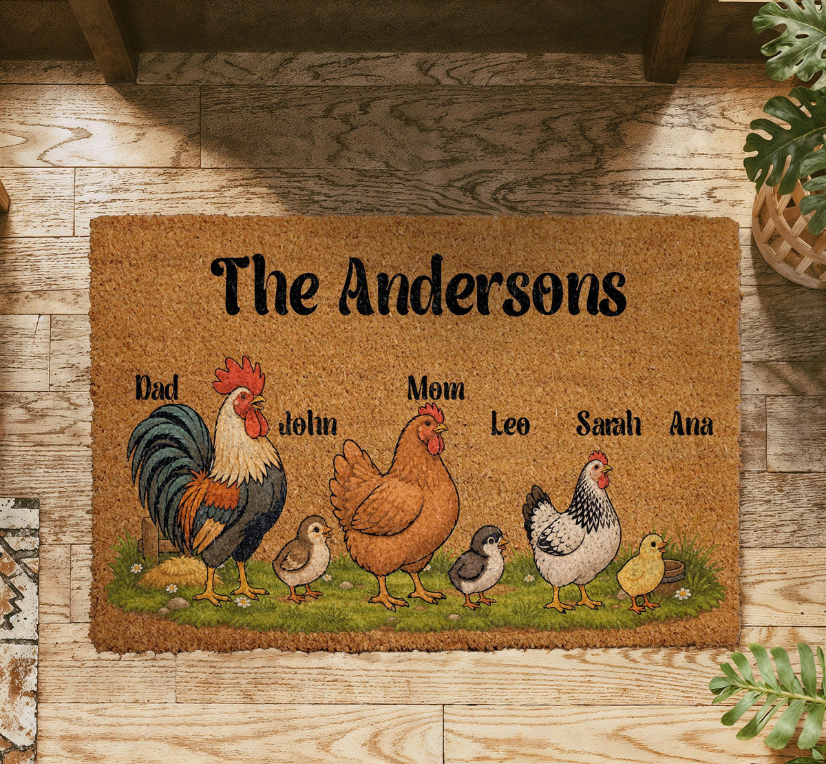 Personalized Chicken Family Doormat, Custom Farmhouse Welcome Mat