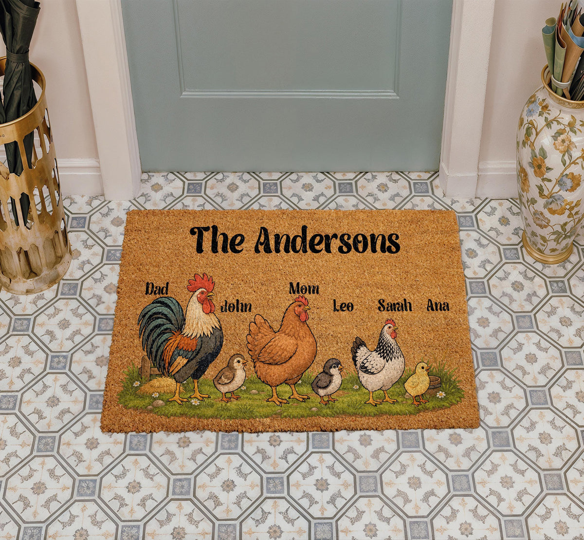 Personalized Chicken Family Doormat, Custom Farmhouse Welcome Mat