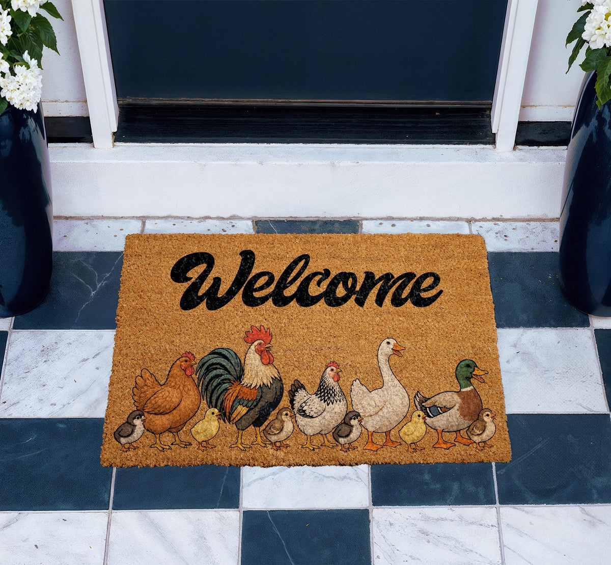 Personalized Chicken Family Doormat, Custom Farmhouse Welcome Mat