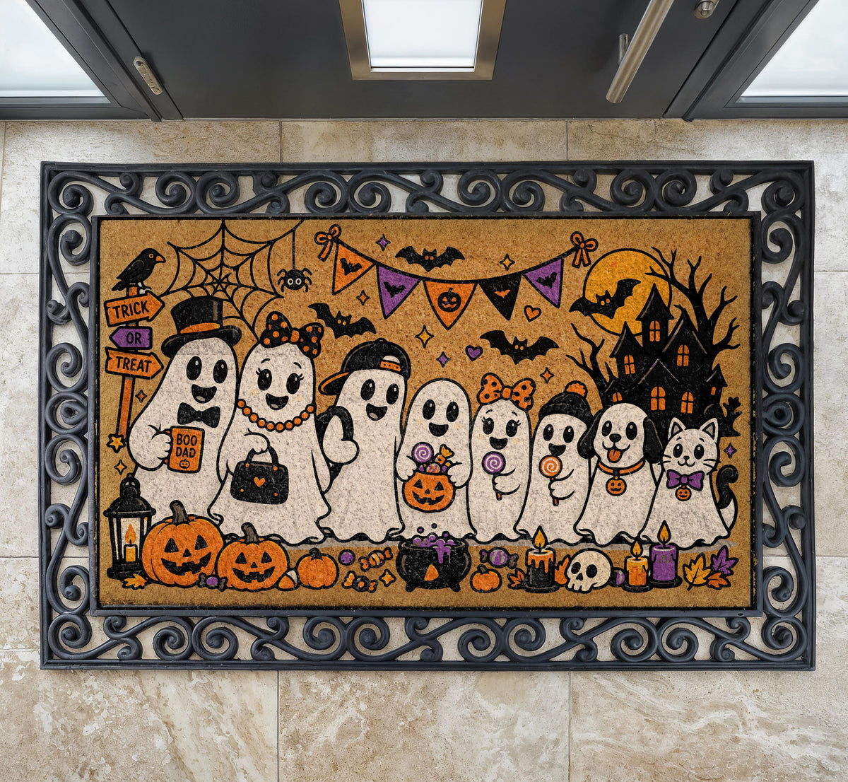 Personalized Ghost Family Halloween Doormat, Custom Name Ghost Crew Welcome Mat