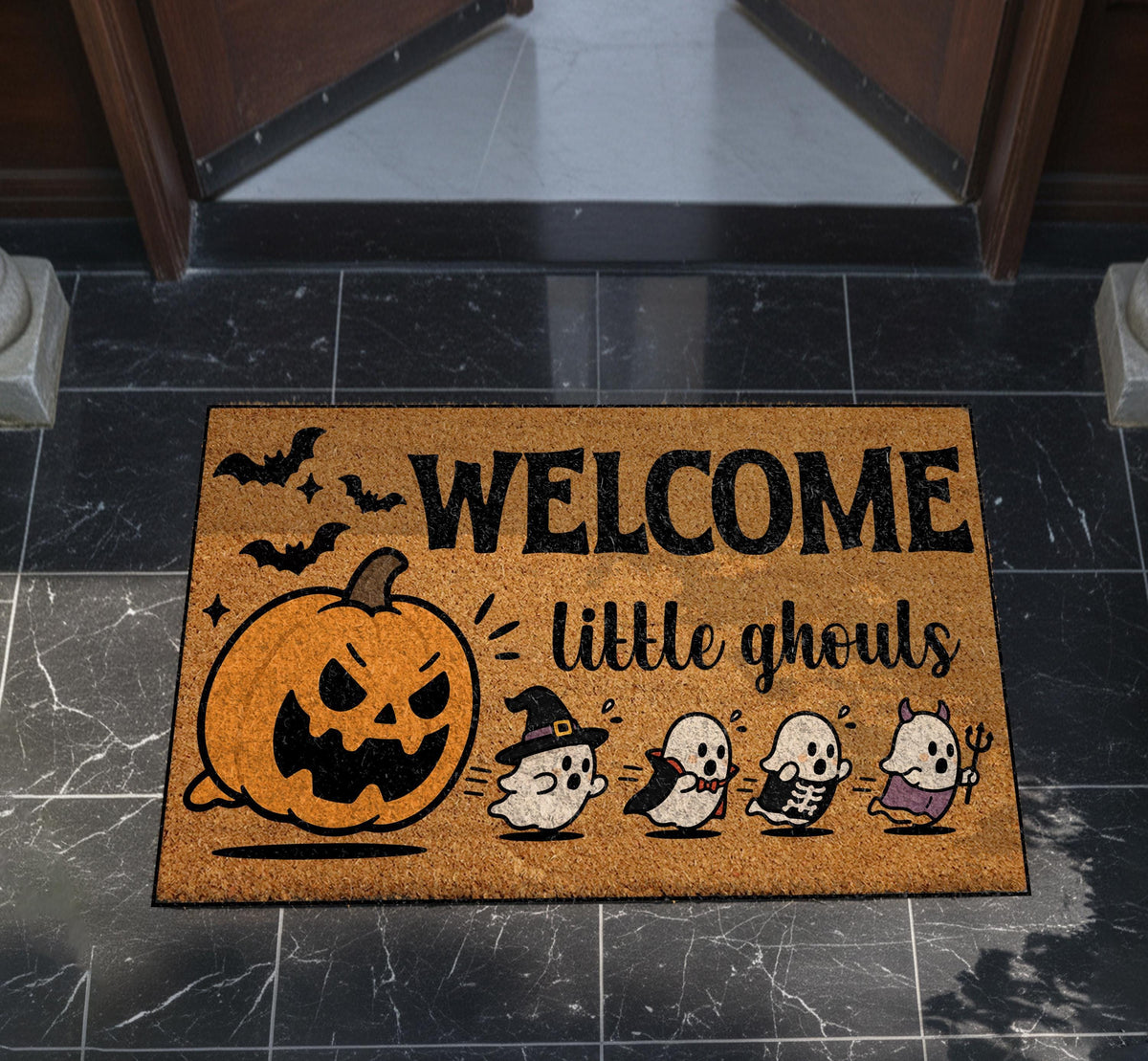 Halloween Welcome Mat, Pumpkin Ghost Doormat, Spooky Season Porch Decor