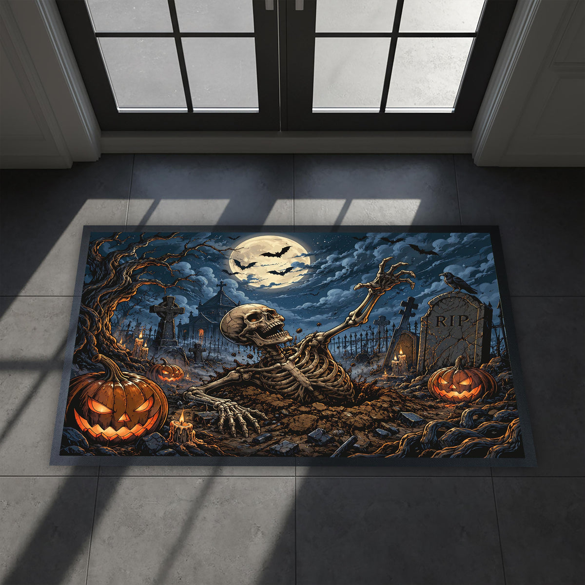 Halloween Skeleton Graveyard Doormat, Spooky Pumpkin Porch Decor (Sublimation Print)