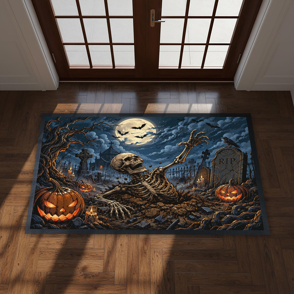 Halloween Skeleton Graveyard Doormat, Spooky Pumpkin Porch Decor (Sublimation Print)