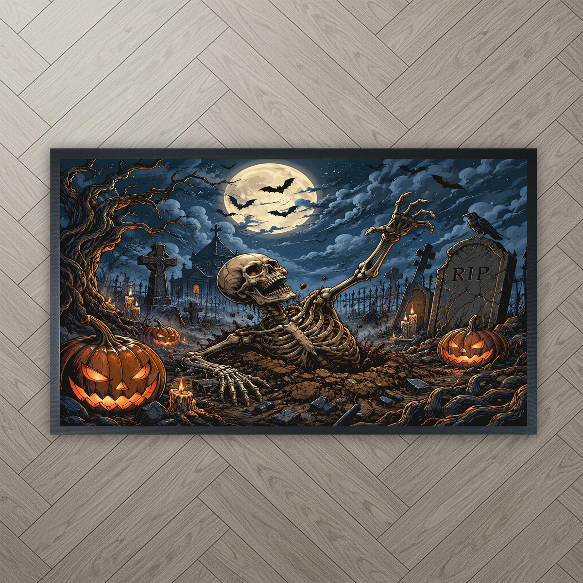 Halloween Skeleton Graveyard Doormat, Spooky Pumpkin Porch Decor (Sublimation Print)