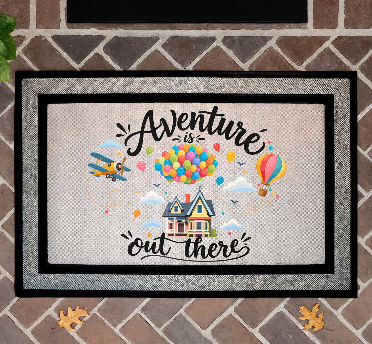 Adventure Out There Doormat, Balloon House Travel Quote, Sublimation Mat (18x30in)