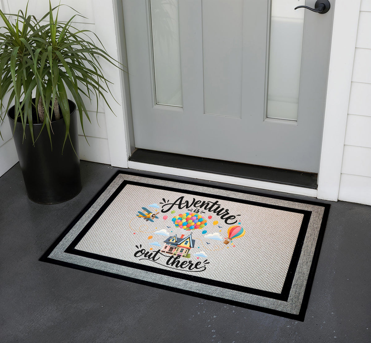 Adventure Out There Doormat, Balloon House Travel Quote, Sublimation Mat (18x30in)