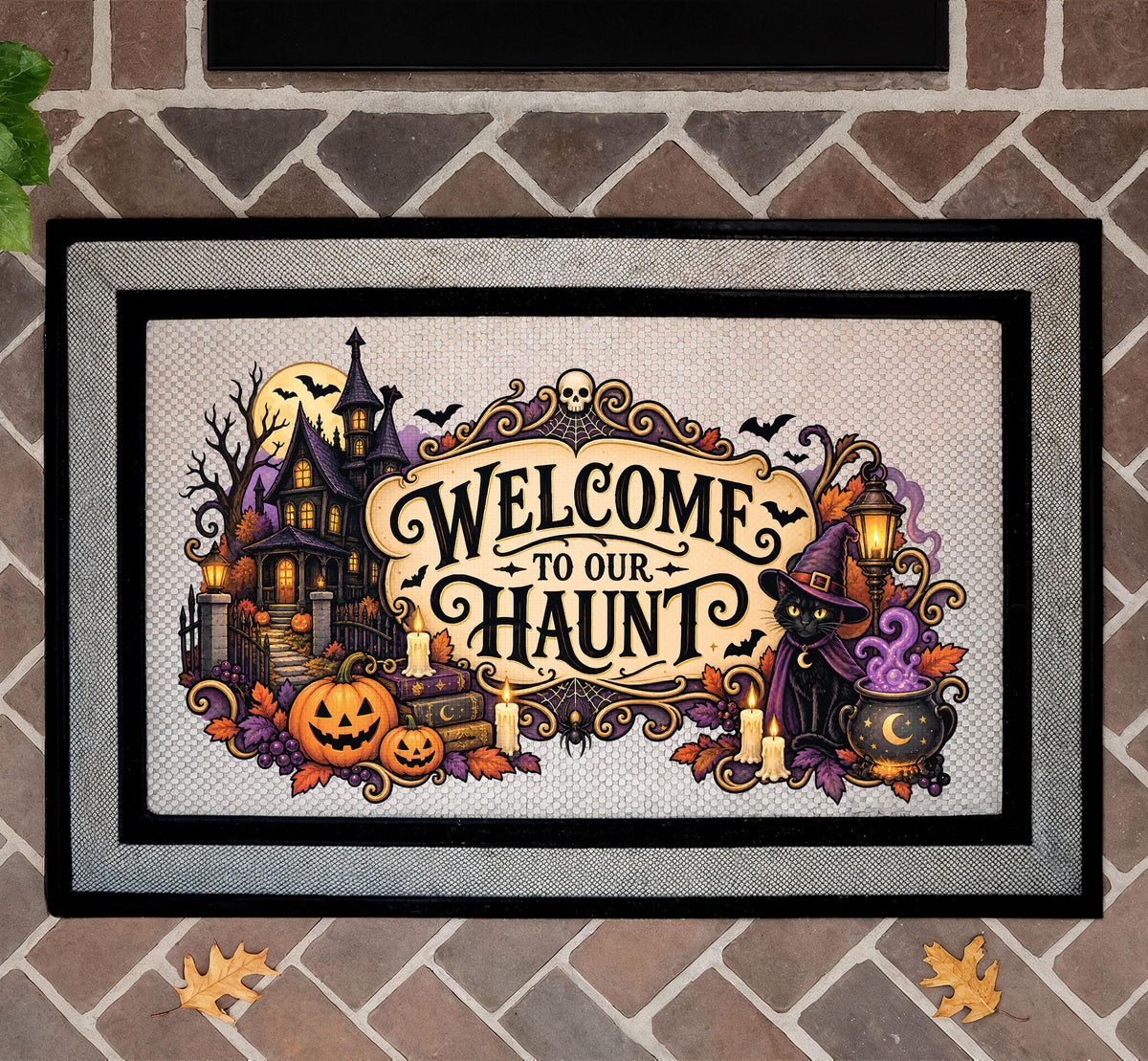 Welcome To Our Haunt Doormat, Spooky Halloween Black Cat Entrance Rug